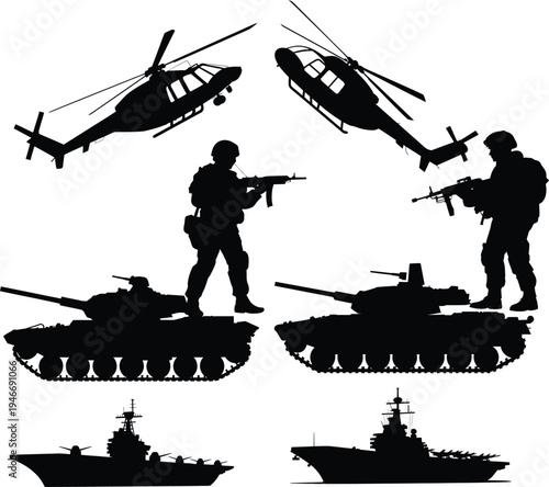 Military helicopter tank and soldier in active combat silhouette for war documentary, defense training, armed forces editorial, and conflict awareness media design
