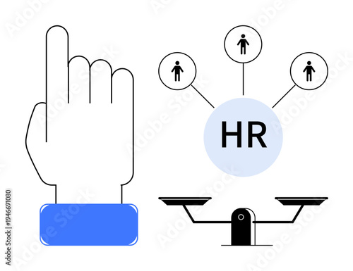 Recruitment, workplace equality, HR selection, team management, employee relations, professional decisions. Human Resources circle, hand selecting scales fairness. HR selection and recruitment