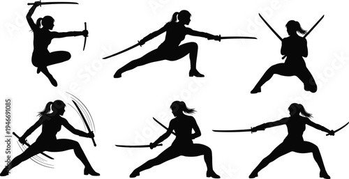 Female samurai ninja warrior silhouettes with katana sword fighting poses, Japanese martial arts woman fighter action character vector set