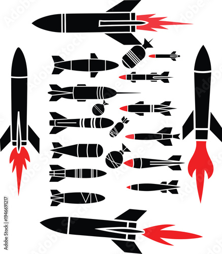 Military missiles rockets and bombs illustration set for defense industry media, weapons technology editorial, war history education, and strategy game asset design