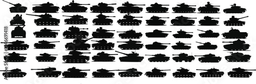 Military battle tank silhouette collection from multiple angles for defense industry media, war history education, strategy game assets, and armed forces design
