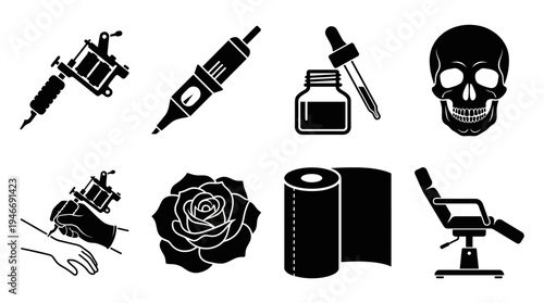 Tattoo Icons Vector – Art Tools, Medical Elements, Skull, Rose Graphic
