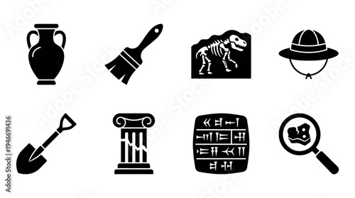 Archaeology Icons Vector – Ancient Artifacts, Excavation Tools, Historical Research Graphic