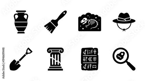 Archaeology Icons Vector – Ancient Artifacts, Excavation Tools, Historical Research Graphic