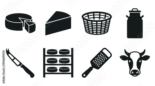 Cheese Icons Vector – Dairy Production, Tools, Cow, Milk, Food Graphic