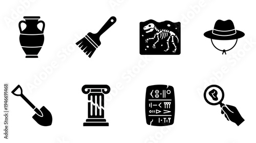 Archaeology Icons Vector – Ancient Artifacts, Excavation Tools, Historical Research Graphic