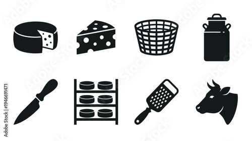 Cheese Icons Vector – Dairy Production, Tools, Cow, Milk, Food Graphic