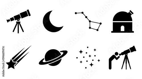 Astronomy Icons Vector – Space Observation, Celestial Symbols, Stargazing Graphic