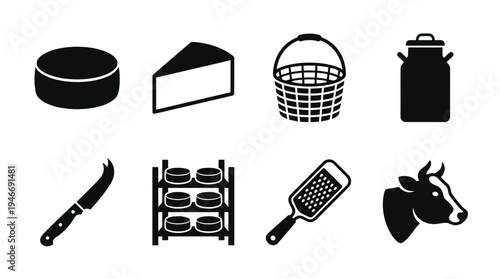 Cheese Icons Vector – Dairy Production, Tools, Cow, Milk, Food Graphic