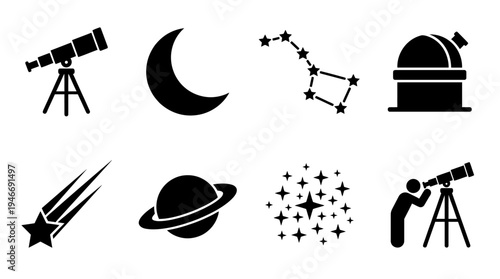 Astronomy Icons Vector – Space Observation, Celestial Symbols, Stargazing Graphic