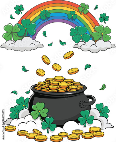 St Patricks Day gold coins rainbow pot vector illustration