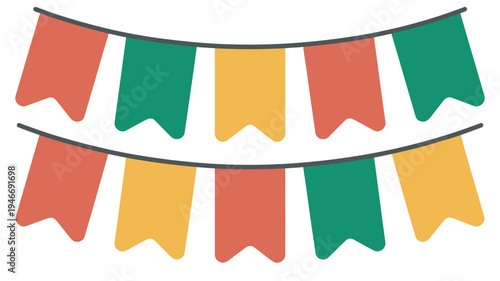A colorful festive banner with red, yellow, and green flags hanging on a string against a white background.