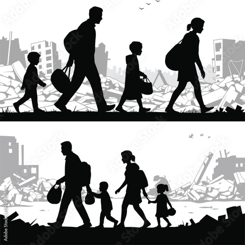  Refugee family displaced by war conflict walking silhouette for humanitarian crisis awareness, displacement editorial, and civilian war impact educational content
