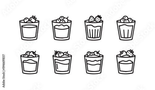 Hand Drawn Fruit Desserts in Glasses Collection Simple Line Art Style