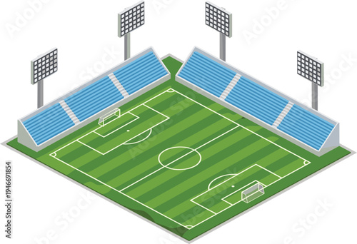 Football soccer stadium isometric illustration, green field with goal posts and floodlights, sports arena bleachers, isolated vector on white background.