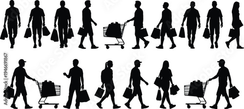 Set of People Shopping Silhouettes Carrying Bags and Pushing Carts in a Retail Store Scene cad drawing flat vector illustration