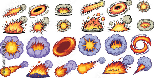 Colorful explosion and blast effect illustration set for action game design, comic media, war themed animation, and military conflict visual storytelling projects