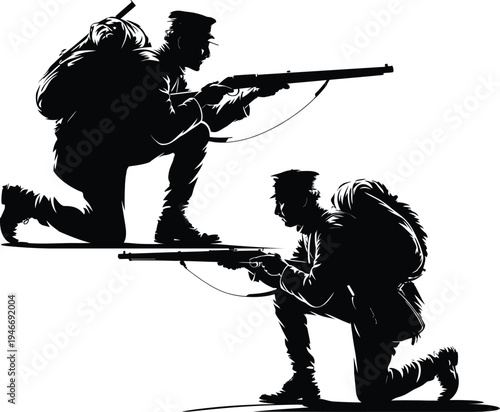 WMilitary soldier aiming rifle with companion in combat silhouette for war documentary, defense training media, veteran tribute, and armed forces awareness editorial designeb