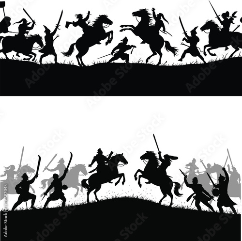 Medieval cavalry soldiers charging on horseback in battle silhouette for history education, ancient warfare editorial, period game design, and heritage content