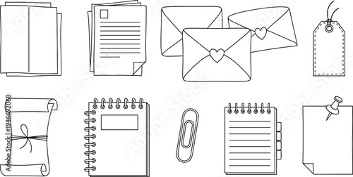 Stationery icon set collection, notebook and envelope line art, paper scroll and paperclip, office supply vector illustration, isolated on white.