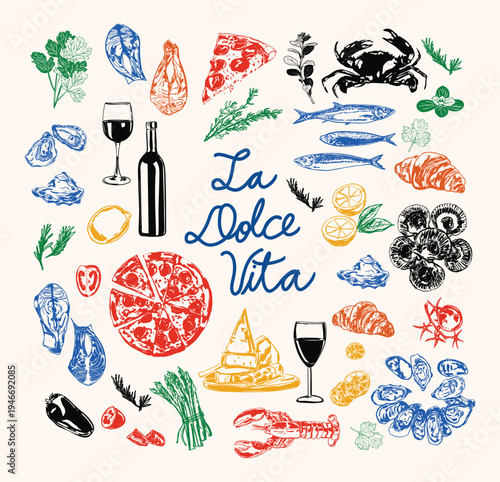 Italian Cuisine Elements with Pizza Seafood Wine and La Dolce Vita Illustration