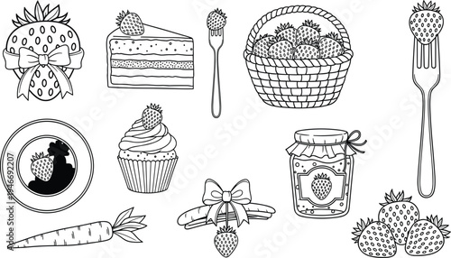 Strawberry Food Collection with Cake Jam Jar Basket and Cupcake Outlines Isolated on White cad drawing flat vector illustration Background