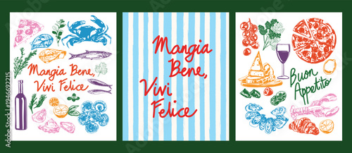 Mangia Bene, Vivi Felice Poster with Italian Foodie Illustration Set