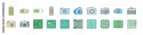 Flat Camera and Photography Icons Collection - Colorful flat icon set featuring cameras, photo devices, image thumbnails and photography equipment representing digital photography, media and photo gal