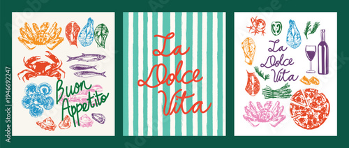 La Dolce Vita Poster Set with Italian Food Seafood and Wine Doodles Illustration