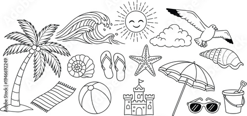 Summer Beach Elements Collection with Palm Tree Sandcastle Sun and Ocean Waves Outline for Vacation cad drawing flat vector illustration Set