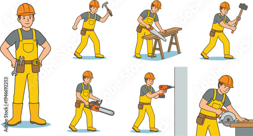 Carpenter construction worker character set using tools, builder with hammer saw drill chainsaw and circular saw vector illustration isolated handyman profession design