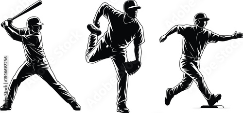 Baseball players silhouettes set with batter pitcher and runner poses, professional baseball sport action vector illustration isolated athlete collection for sports design