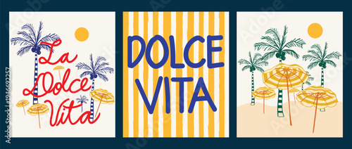 Dolce Vita Retro Poster Set with Palm Trees and Beach Aesthetic