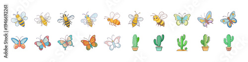 Flat Insect and Nature Icons Collection - Colorful flat icon set featuring bees, butterflies, flies and green plants representing insects, pollination, nature life and garden ecology.