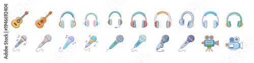 Flat Music and Audio Device Icons Collection - Colorful flat icon set featuring guitars, headphones, microphones and audio equipment representing music production, recording, listening and entertainme