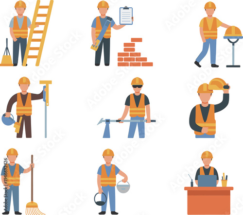 Construction worker characters set performing different building tasks, builders with ladder tools helmet clipboard and equipment vector illustration isolated construction profession icons