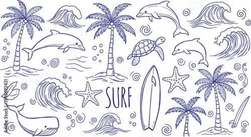 Summer Surf Elements Collection with Dolphins Whale Sea Turtle Palm Trees and Surfboard in a cad drawing flat vector illustration