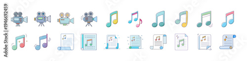 Flat Music and Robot Icons Collection - Colorful flat icon set featuring robots, music notes, headphones and audio players representing technology, artificial intelligence and digital music entertainm