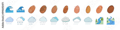 Flat Weather Icons with Waves Rain Clouds - Colorful flat icon set featuring ocean waves, raindrops, clouds and wind symbols representing weather forecast, climate conditions and marine environment.