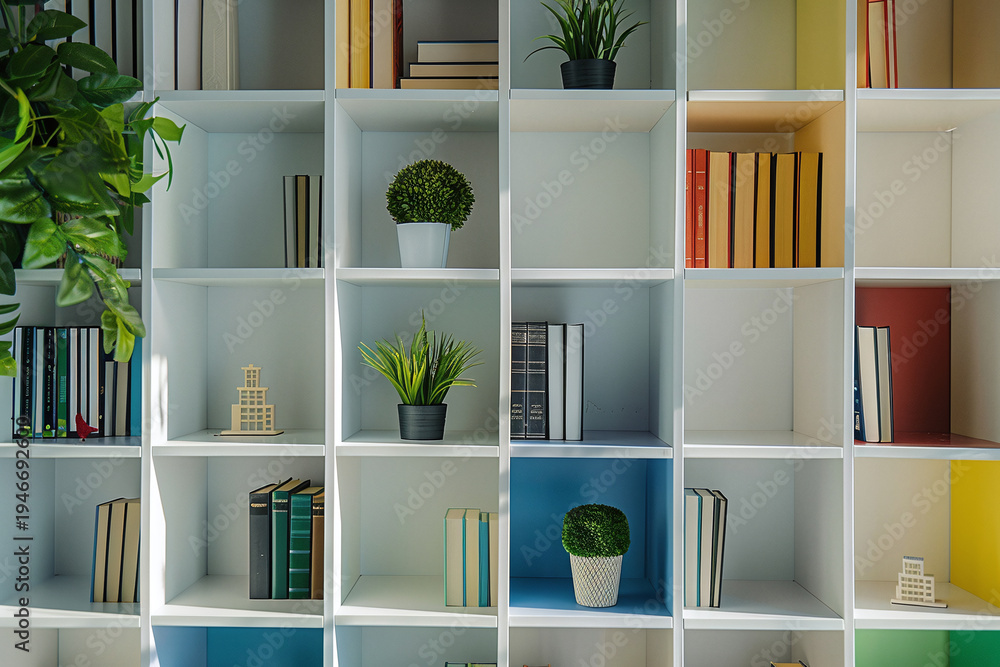 Fototapeta premium Modern cube style bookshelf with a vibrant color block palette and organic shapes. Stylish background setting for online work.