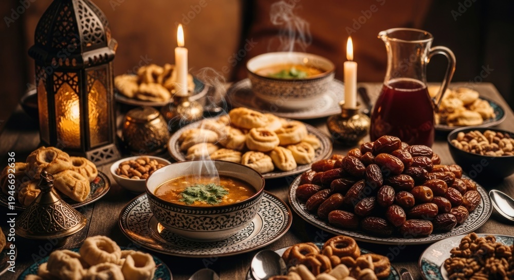 Fototapeta premium A close-up of a festive table laden with Middle Eastern foods, lit by candlelight