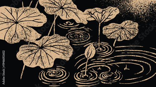 Elegant Japanese-inspired background featuring a white hand-drawn lotus on a teal field. Intricate rhythmic ripples and stippled etching create a serene summer water lily aesthetic.