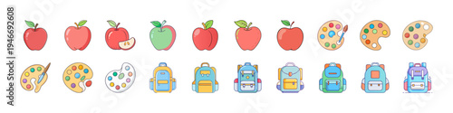 Flat Icons Set with Fruits Donuts Backpacks - Colorful flat icon collection featuring strawberries, peaches, apples, sprinkled donuts and school backpacks, representing food snacks and school lifestyl