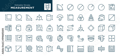 Measurement line icon set. Meashure, size, dimension, area, perimeter and more. Outline vector icon in linear style. Conceptual pictogram collection.