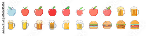 Flat Food Icons with Fruits Beer Burgers - Colorful flat icon collection featuring apples, strawberries, peaches, beer mugs and burgers representing food, drinks, snacks, restaurant menu graphics icon