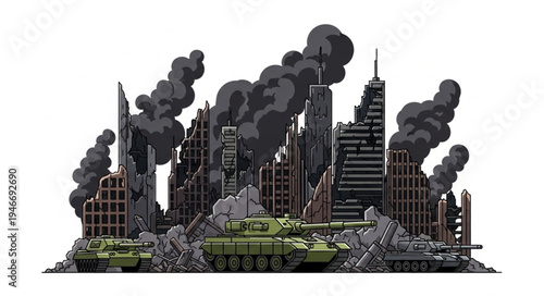 Cityscape with Military Tank War.