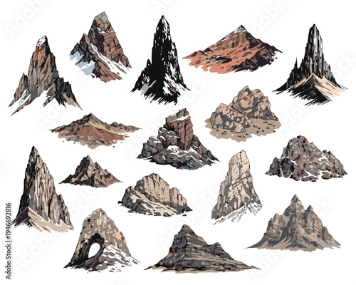 Collection of vector mountain illustrations: peaks, mountain tops, ridges, and rocks