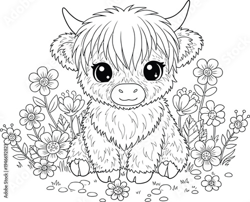 Cute Highland Cow and Flowers Coloring Pages Bundle for Kids