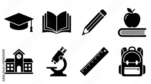 Education Icons Vector – School, Learning Tools, Academic Symbols, Knowledge Graphic