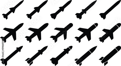 Missile and aircraft silhouette icon set, military rockets and airplane weapons collection, aviation warfare defense symbols vector illustration isolated military equipment design
